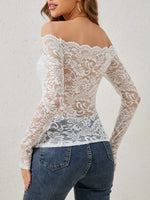 European and American elegant scalloped neckline, off-the-shoulder lace slim fit T-shirt long-sleeved top
