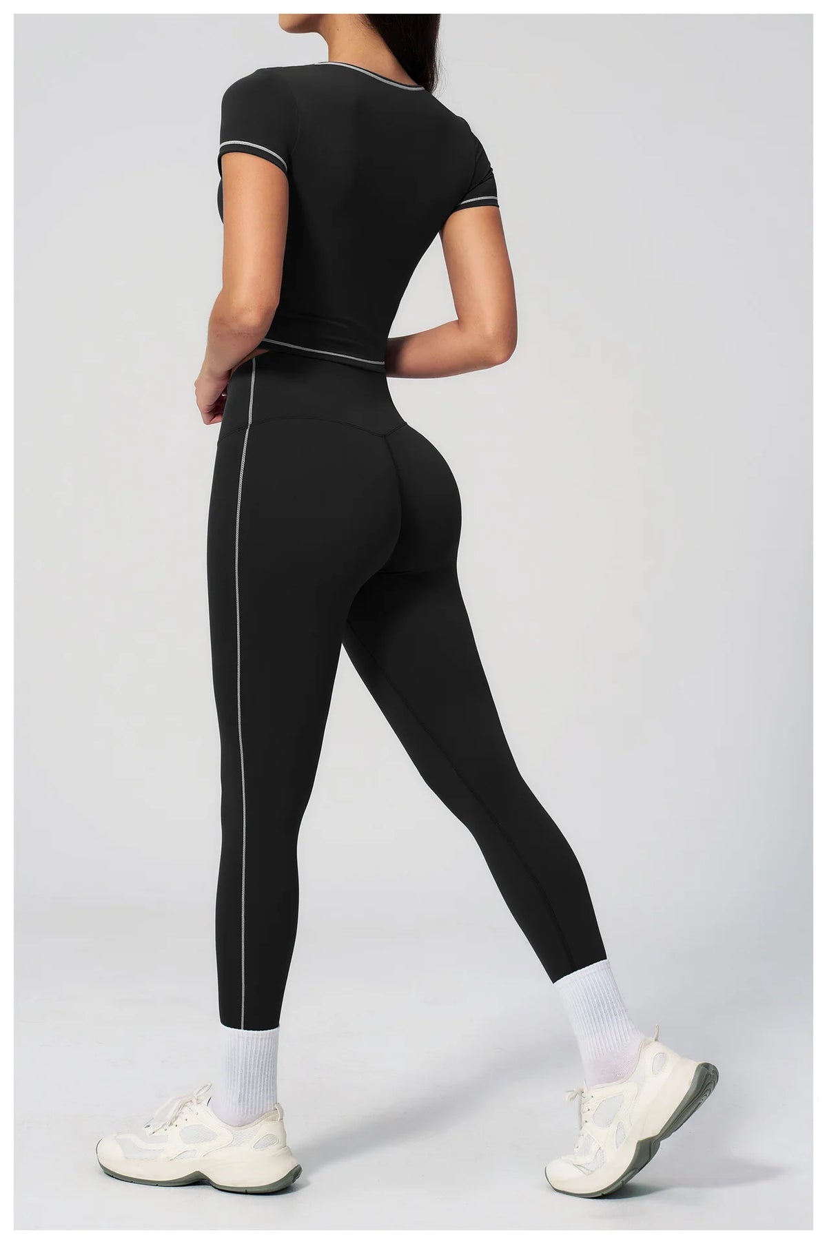 2PC Color Contrast Yoga Suit Women Short Sleeve Square Collar Slim Sports Top Fitness Suits Outdoor Exercise Leggings Tracksuit