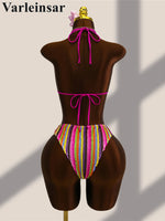 Striped Colorful Halter Cut Out One Piece Swimsuit Women Swimwear Female Monokini High Leg Cut Bather Bathing Suit Swim V8304