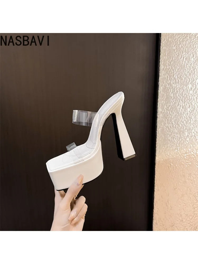 15CM Sexy Party Women's Pumps Summer Sandals Thick High Heel Platform Fish Mouth Shoes Black White Sandalias De Mujer