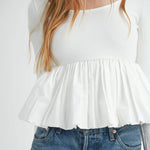 Women Long Sleeve Fall Peplum Tops Casual Solid Color Ruffled Hem Basic T-shirts Streetwear