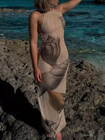 Summer Vacation Style Print Long Dresses Women Sexy Backless Slim Sleeveless Halter Neck Dress Fashion Casual Lady Beach Vestido