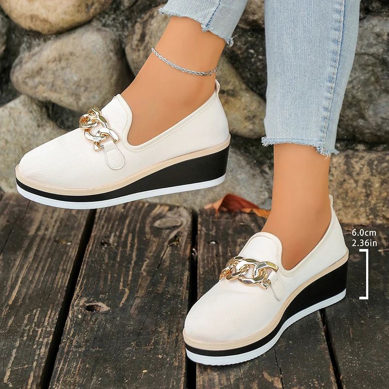 Fashion Metal Chain Wedge Heeled Loafers Women 2026 Slip On Platform Pu Leather Shoes Woman Non Slip Thick Sole Single Shoes