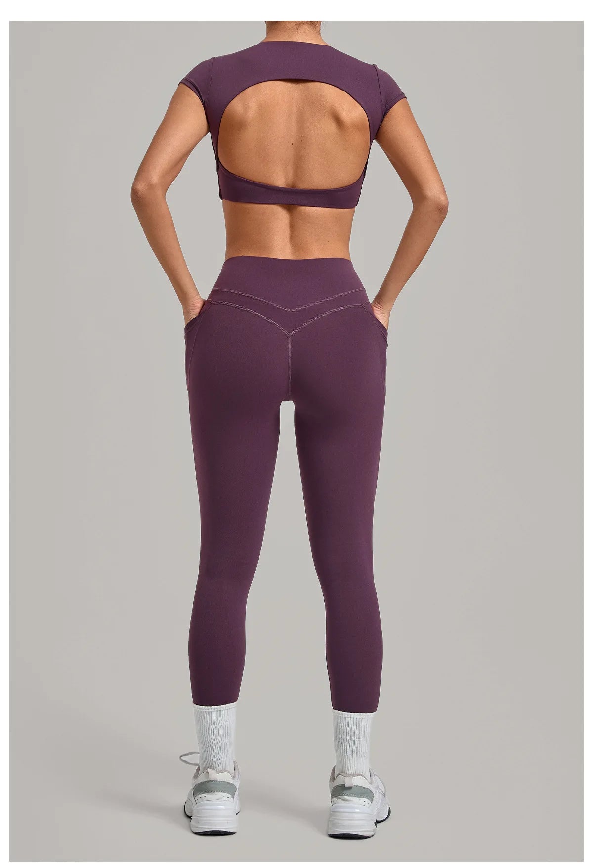 Yoga Set Women's Tracksuit Short Sleeve Back Hollow Out Sports Top Athletic Wear Tight High Waist Pocket Leggings Fitness Suits