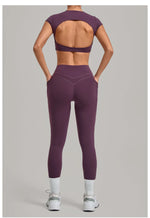 Yoga Set Women's Tracksuit Short Sleeve Back Hollow Out Sports Top Athletic Wear Tight High Waist Pocket Leggings Fitness Suits