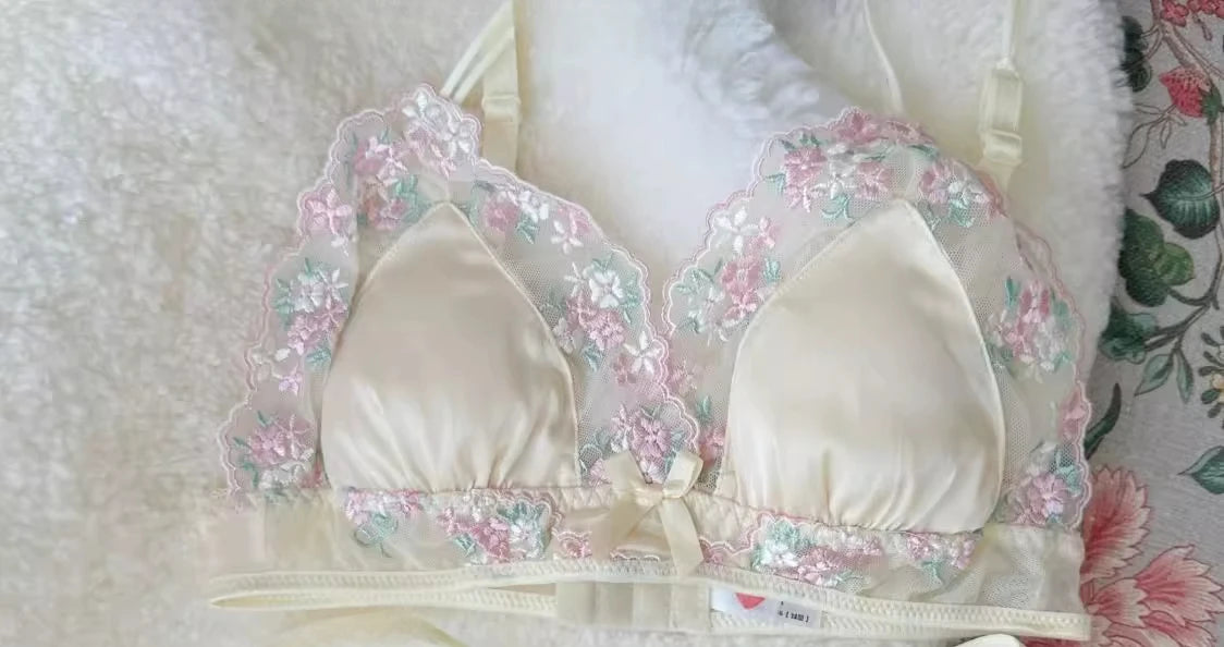 MOYISU Luxury Classic Thin Embroidery Light Luxury Silk French Underwear Sexy Pure Desire Lace Bra Set Small Chest Triangle Cup