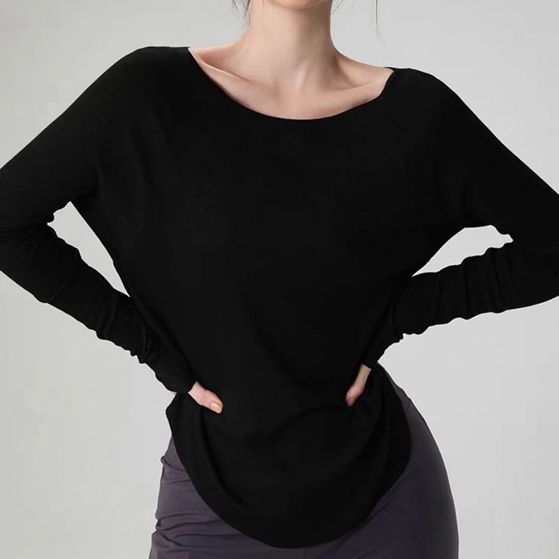 Women's yoga sports T-shirt, Modal ribbed yoga long sleeved outdoor sports loose top slimming yoga T-shirt cover