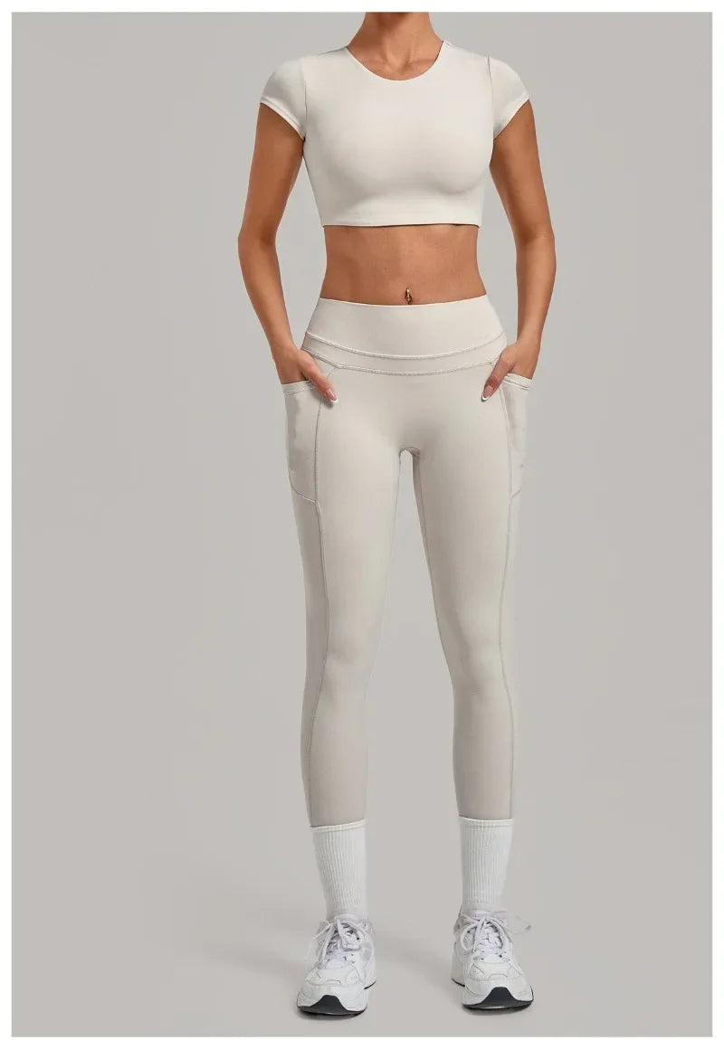Women's Seamless Yoga Sets Sports Running High Waist Hip-lifting Pants Backless Short-sleeve Suits Workout Fitness Leggings Sets