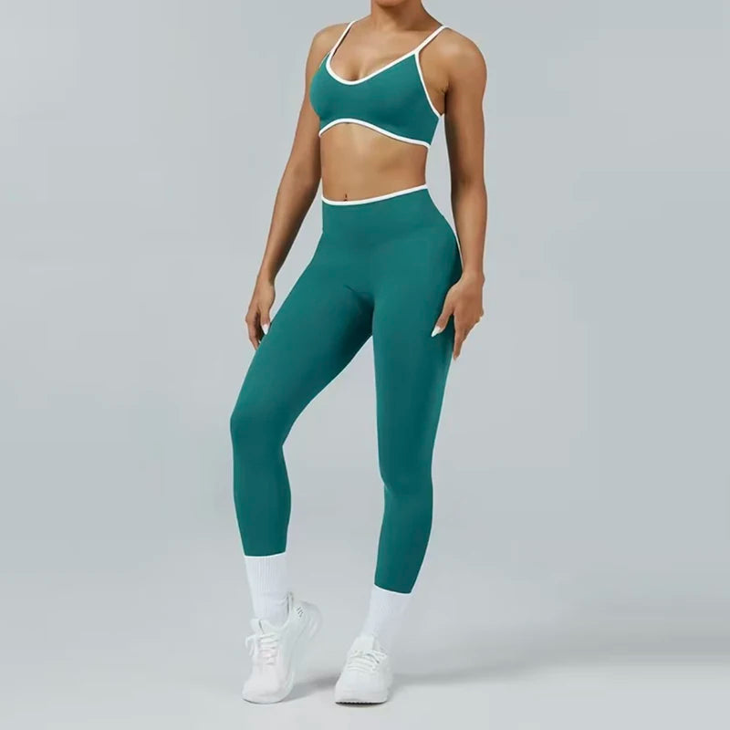 2PCS High Waisted Sports Bra Set with Contrasting Small Suspender Tight Fitting Hip Lifting Training Bra And Pants