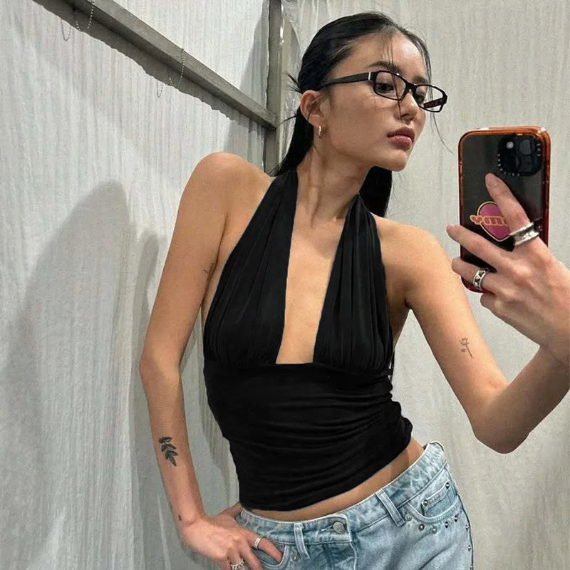 FDYOUI Sexy Deep V-neck Bandage Solid Crop Tops Women's 2026 Summer Halter Off Shoulder Sleeveless T-shirt Vacation Corset Top