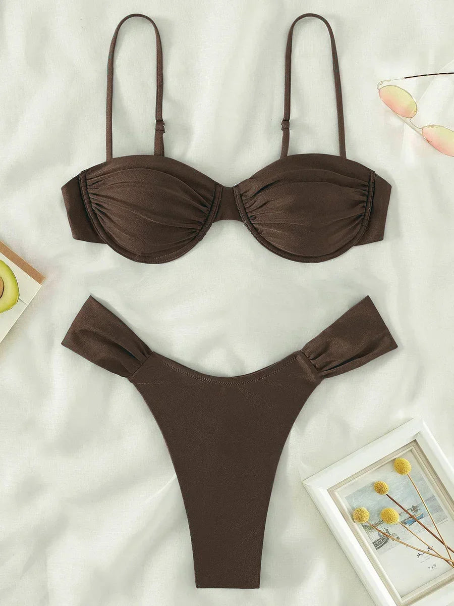 Sexy Wrinkled Underwired Brazilian Bikini Female Swimsuit Women Swimwear Two-pieces Bikini Set Triangle Bathing Suit Swim Lady