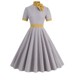Retro Women's Plaid Dress Stand Neck Short Sleeve Cotton Dresses Lace Up Bow Tie Pleated Swing Vestidos Vintage Court Dresses