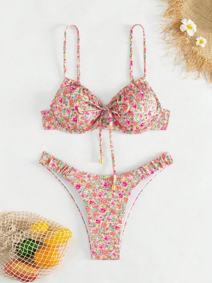 New Sexy Floral Print Push Up Bikini 2024 Women Swimwear Female Swimsuit Two Pieces Thong Bikini Set Bather Bathing Suit Beach