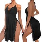 Sexy Leopard Print Backless Nightgown with Lace Trim, Deep V Halter Lingerie Dress for Women, Side Slit Soft Nightwear Sexy Chic