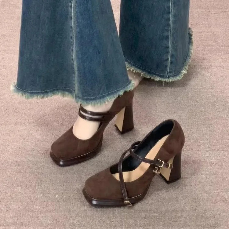 Vintage Thick High Women Mary Jane Shoes Banquet Party Buckle Strap Pumps NewWomen's Elegant Dress Shoes