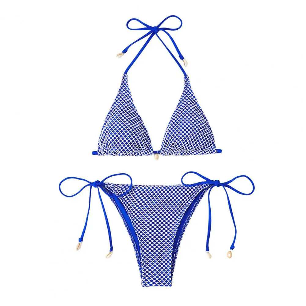 2Pcs/Set Women Bikini Set Chest Pad Push Up Halter Neck Bra Adjustable Side Straps Swimming Briefs Set Lady Mesh Summer Swimwear