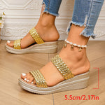 Fashion Weave Gold Wedges Sandals Women Summer Thick Bottom Platform Slippers Woman Plus Size 43 Lightweight Rome Sandals Female