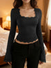 Women's Sexy Lace Patchwork Square Collar Long Sleeve T-Shirt Elegant Slim Fit Flare Sleeve Cropped Top Spring/Fall 2026
