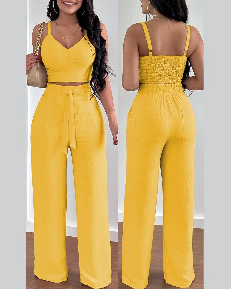 Women's Two Piece Sets Fashion Print Halter V-Neck Short Tank Suit Tops Long Pants Matching Set Summer Casual Female Slim Pants