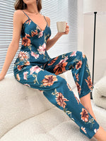 Luxurious Women's V-Neck Pajama Set Retro Elegant Floral Print Cami Top and Pants 2 Piece Loungewearfor Home or Outdoor Wear