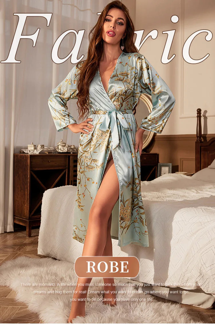 Night Dress Long-sleeved Nightgown Thin Sexy Women's Lace-up Dressing Gown Simple Cardigan Pajamas Ice Silk Bathrobe Sleepwear
