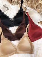 French Sexy Seamless Lingerie Women Silk Satin Lace Bra Deep V Triangular Cup Push Up Bras Adjustable Strap Comfort Underwear