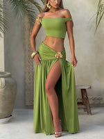 Summer Skirt Set Women Metal Flower Sexy Off Shoulder Slim Crop Top High Slit Skirt Sets Fashion Backless Pleated 2 Piece Suits