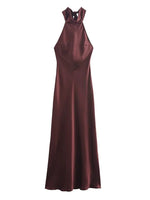Foridol Halter Satin Dress Women Sexy Backless Burgundy summer spring Dress Elegant Maxi Long Party Dress Christmas Vestidos