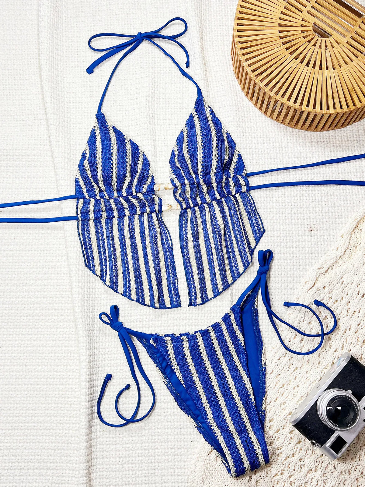 Sexy Blue Striped Bikini Set 2026 Women Hollow Out Stone Push Up Crop Top Two Piece Swimsuit Summer Bathing Suit Thong Swimwear