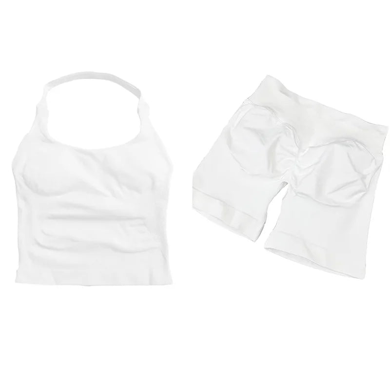 Yoga Sets Women Gym Clothes Longline Strappy Top High Waist Shorts Activewear 2 Piece Set Fitness Suit Running Workout Suits
