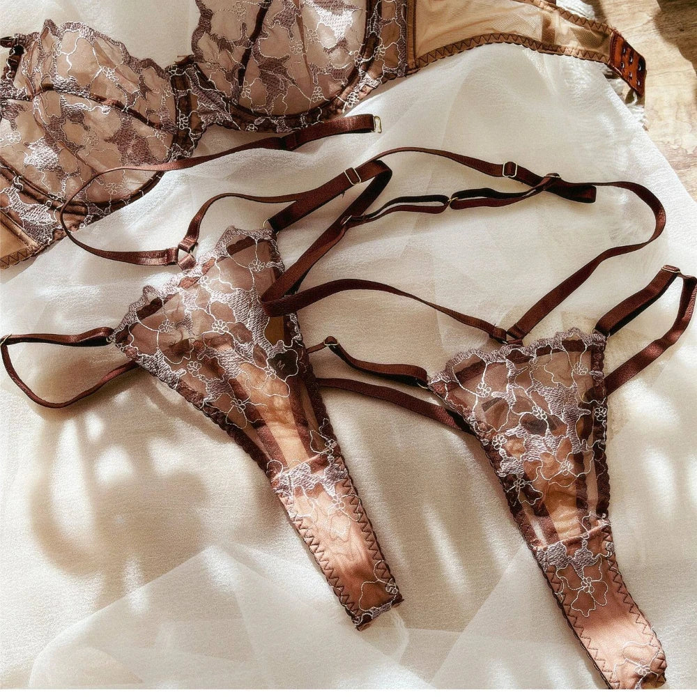 3 Pcs Sexy Lingerie Set Women Lace Embroidery Bra French Ultra Thin Mesh Underwear Summer High Quality Bras and T-back Stockings