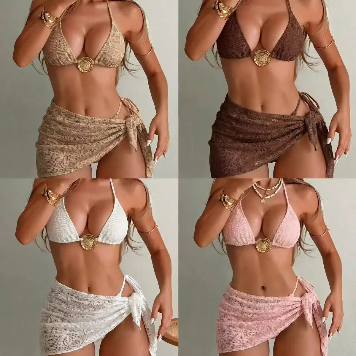Sexy Mesh Cover Up 3 Piece Bikini Set 2026 Women White Metal Circle Push Up Bra Thong Swimwear Holiday Bathing Suit Swimsuit