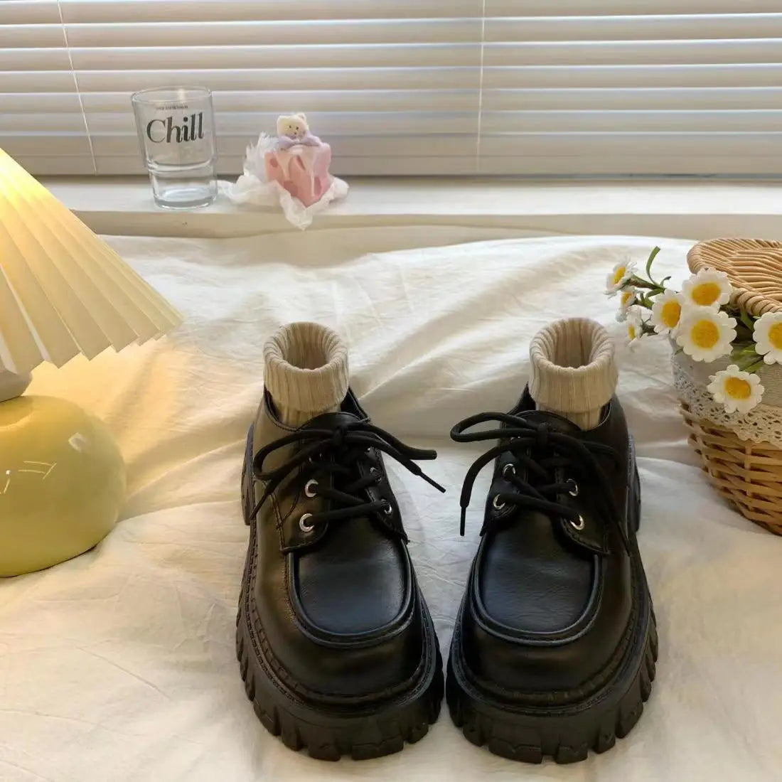 Women's Lace‑Up Platform Oxford Shoes, Chunky Thick Sole Height Increase Black Preppy Casual School Shoes