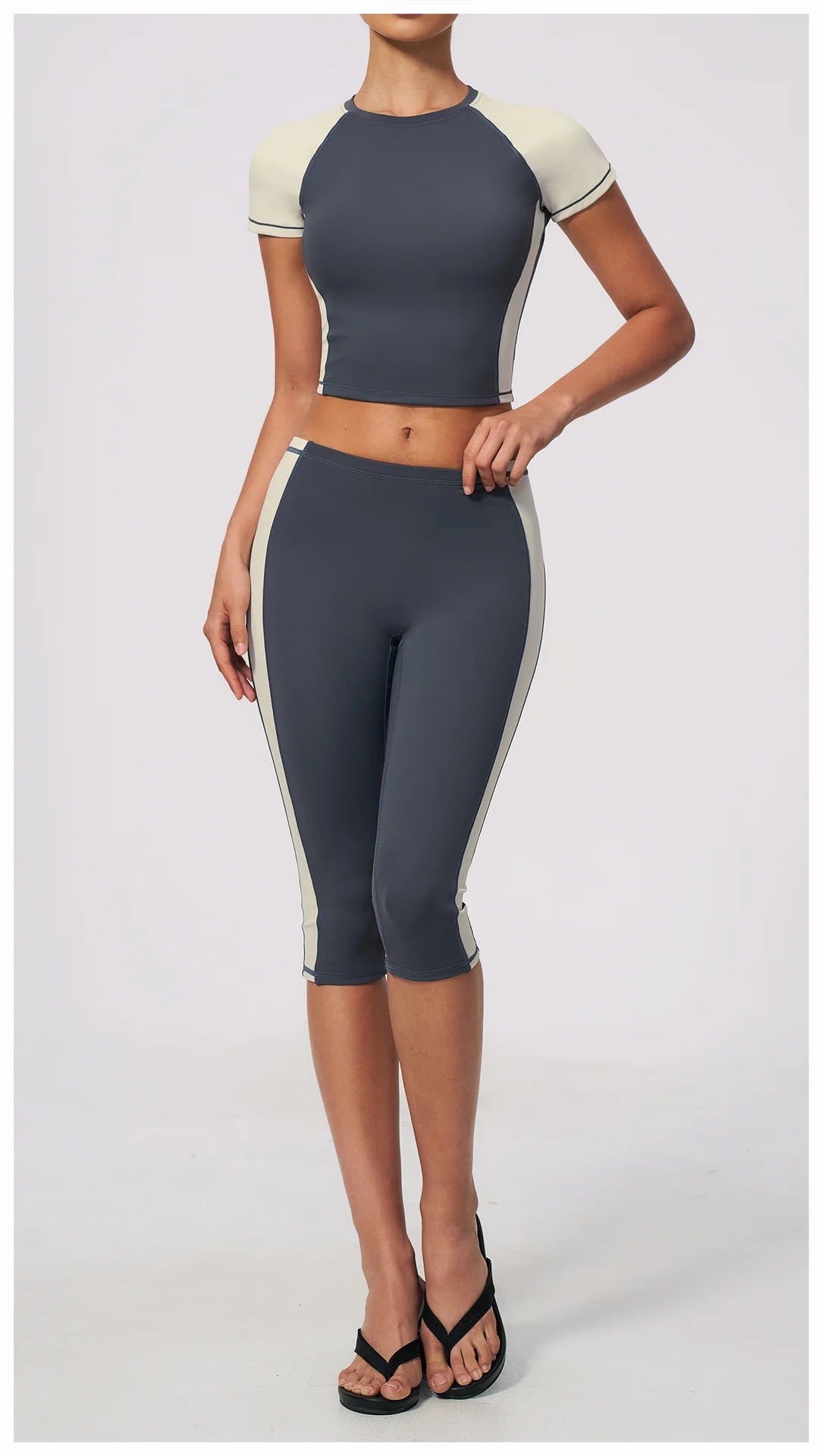Color Blocking 2PCS Yoga Set Women's Tracksuit Short Sleeve O Neck Sports T Shirts High Waist Cropped Pants Tight Fitness Suits