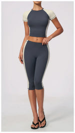 Color Blocking 2PCS Yoga Set Women's Tracksuit Short Sleeve O Neck Sports T Shirts High Waist Cropped Pants Tight Fitness Suits