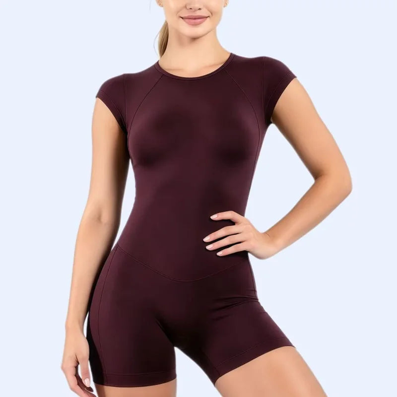 HISTELLO Impact Short Sleeve One Piece Women Seamless Backless Yoga Bodysuit Slim Fit Gym Pilates Workout Active Romper