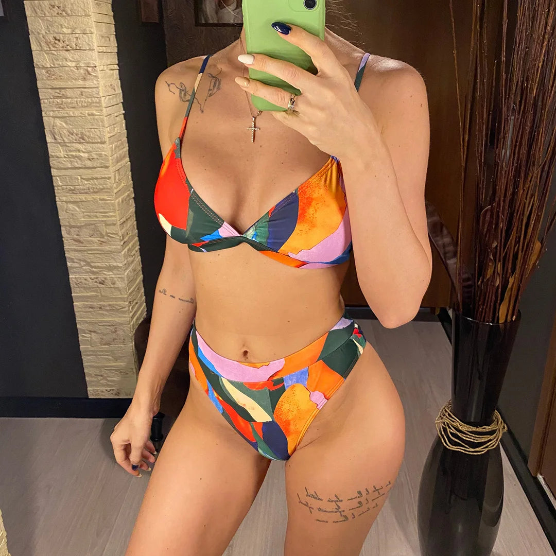 S - XXL Leopard Printed High Waist Bikini Female Swimsuit Women Swimwear Three-piece Bikini set Bather Bathing Suit Swim V2805SW