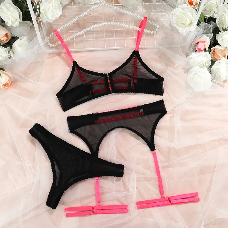 Sexy Lingerie Set Women's Underwear Push Up Bra And Panty Set Corset Solid Mesh Transparent Wirefree Sleepwear Garter Thongs