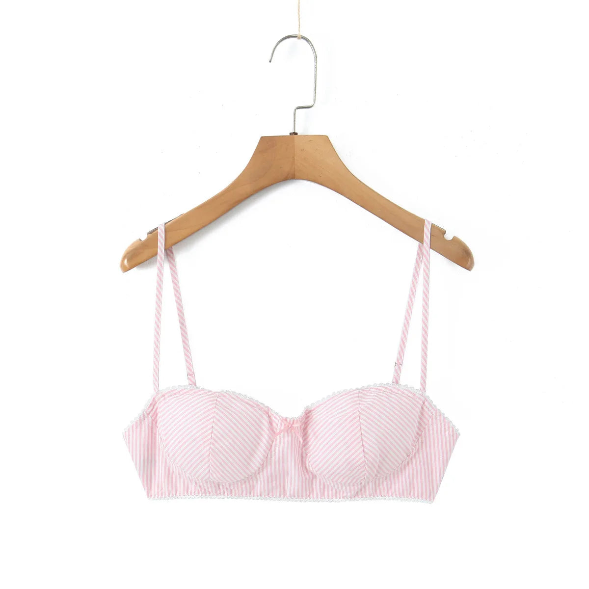 Striped Bra For Women Straps Lace Trim Sweetheart Neckline Lightly Padded Cups Cotton Fabric For Stylish Style Girl Elegant 4UU5