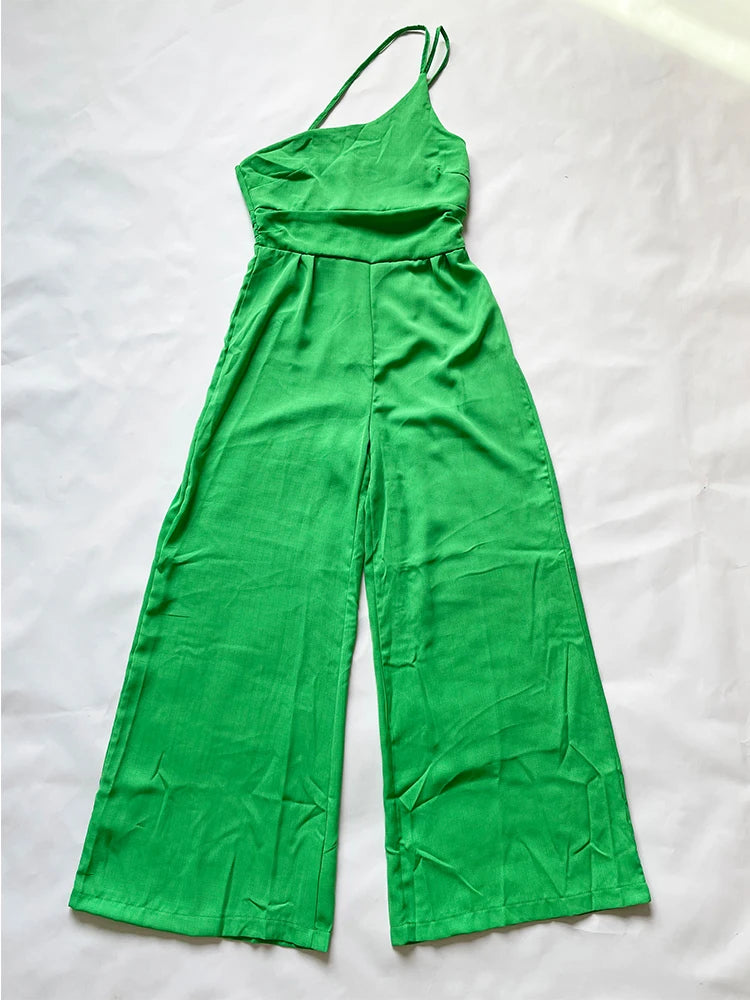 Foridol Waist Folds Backless Double Strap Casual Wide Leg Jumpsuit Long Pants Green 2025 New Female LooseJumpsuit