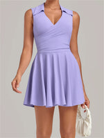 Summer Women Solid Tennis Dresses Sleeveless Turn Down Collar Pleated Skirts with Detachable Pocket Shorts Slim Yoga Golf Dress