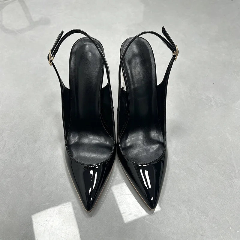 Women White Patent Leather Slingback Pumps Pointed Toe Thin Stiletto High Heels Buckle Strap Dress Shoes for Wedding Party Offic