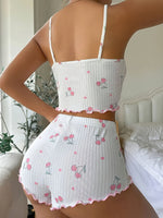 Women’s Cherry Print Pajama Set Ribbed Cami Crop Top and Ruffle Shorts 2 Piece Summer Sleepwear Loungewear with Pink Bows