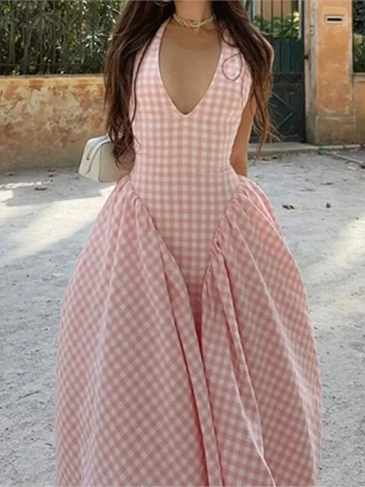 Elegant V-Neck Pleated Long Dresses Women High Waist Summer 2025 French Style Fashion V-neck Backless Lace-up Vacation Vestidos