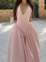 Elegant V-Neck Pleated Long Dresses Women High Waist Summer 2025 French Style Fashion V-neck Backless Lace-up Vacation Vestidos