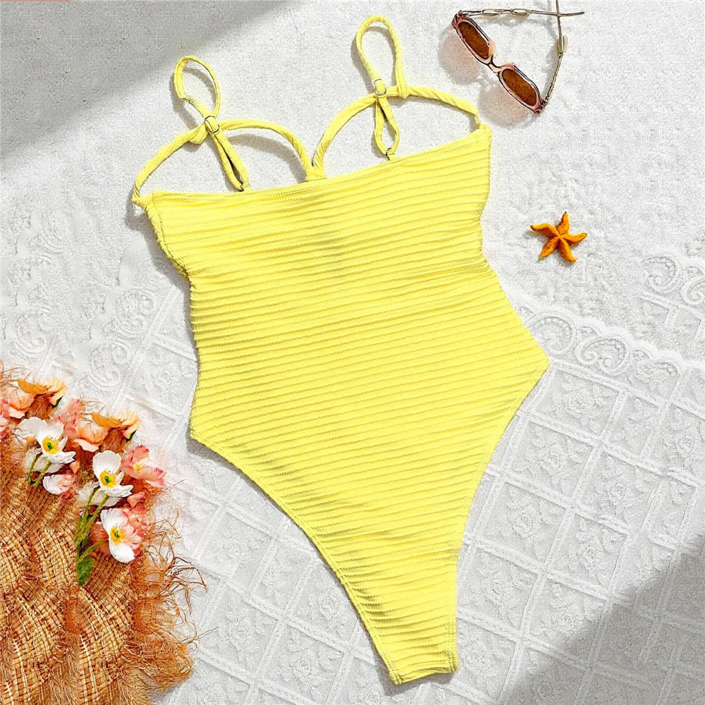 Solid Yellow Ribbed Swimwear Sexy Tummy Control Swimsuit One Piece Woman 2026 Hollow Out Bathing Swimming Suit Wear Monokini