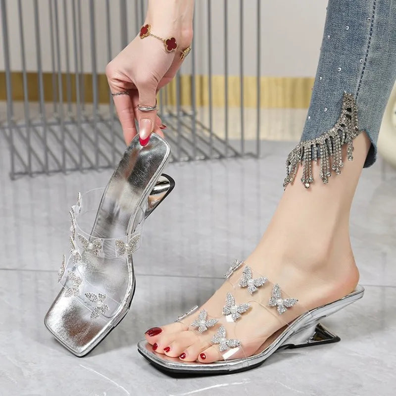 High Heeled Sandals Women Summer New Pearl Butterfly Square Toe Straight Strap Sandals, Fashionable Outerwear Plus Size Slippers