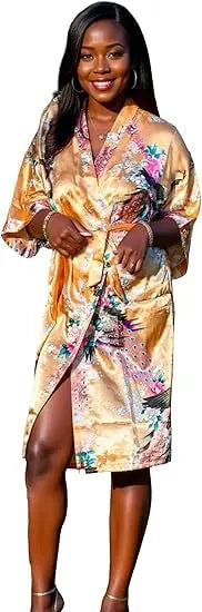 Lace Up Woman Peacock Print Japanese Kimono Yukata Silk Satin Short Style Sleepwear Home Nightgown Bath Robe Costume