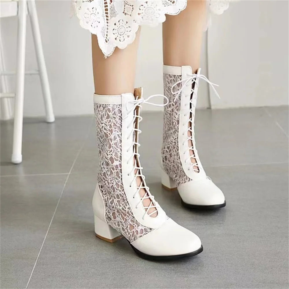 New Arrivals Big Size 43 Fashion White Lace Summer Boots Women Chic Black Square Med Heels Lace-up Mid-calf Boots Wedding Shoes