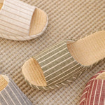 Breathable Linen Slippers For Women Men Summer House Shoes Striped Design Soft Sole Anti-Slip Couples Home Floor Cotton Slides